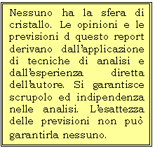 Casella di testo: Nessuno ha la sfera di cristallo. Le opinioni e le previsioni d questo report derivano dallapplicazione di tecniche di analisi e dallesperienza diretta dellautore. Si garantisce  scrupolo ed indipendenza nelle analisi. Lesattezza delle previsioni non pu garantirla nessuno. 